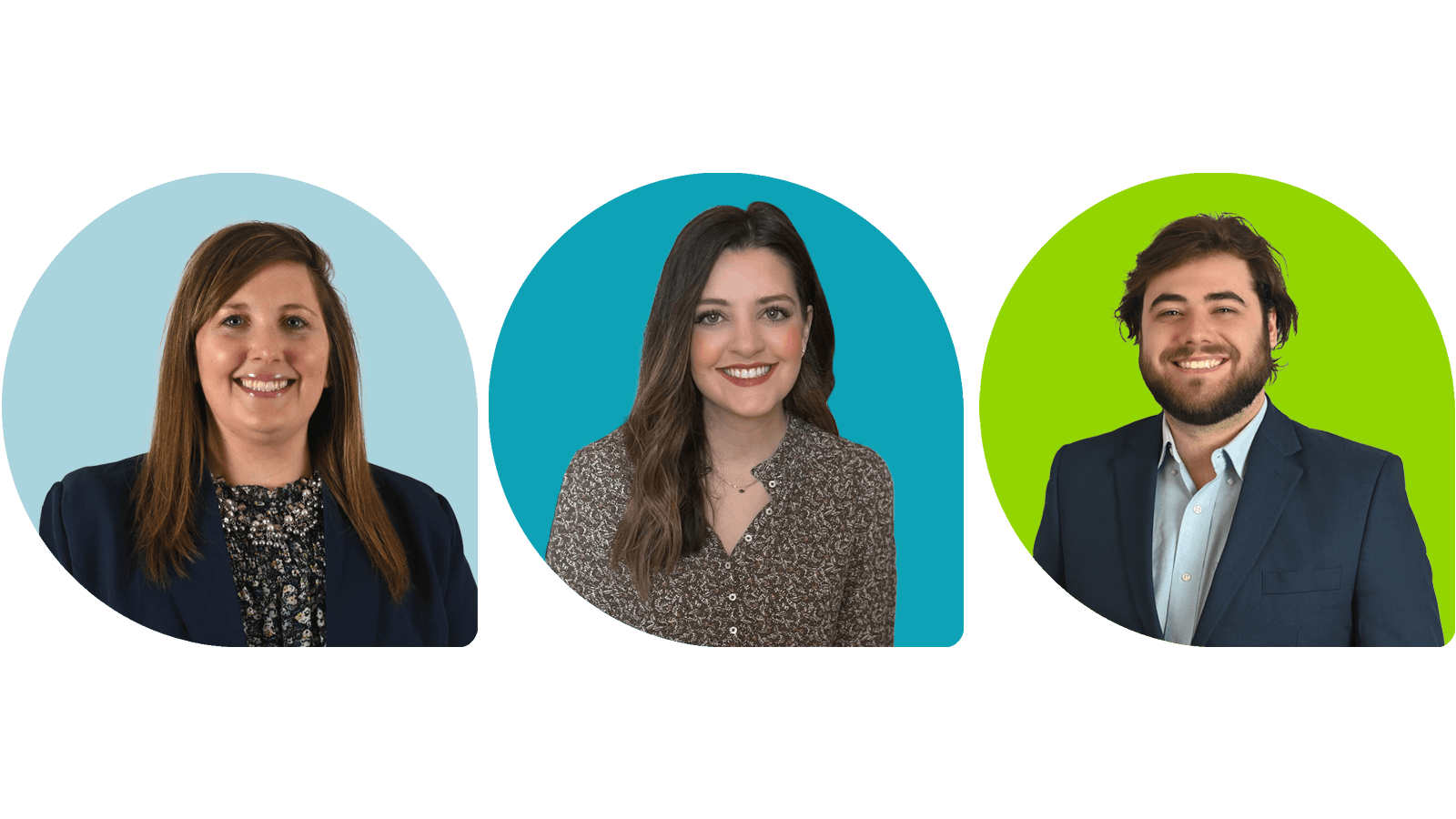 Beth Fleetwood, Mitchell Griesemer and Tiffany Wittum on colored drop backgrounds