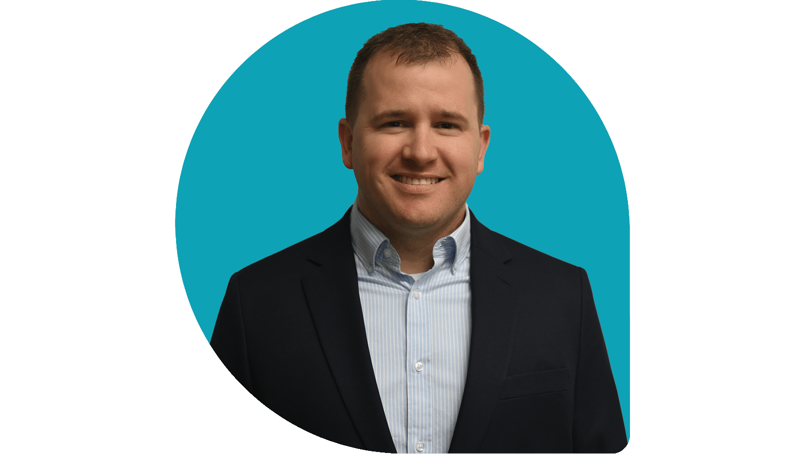 Blake Miller in a light blue shirt and black jacket on teal drop background