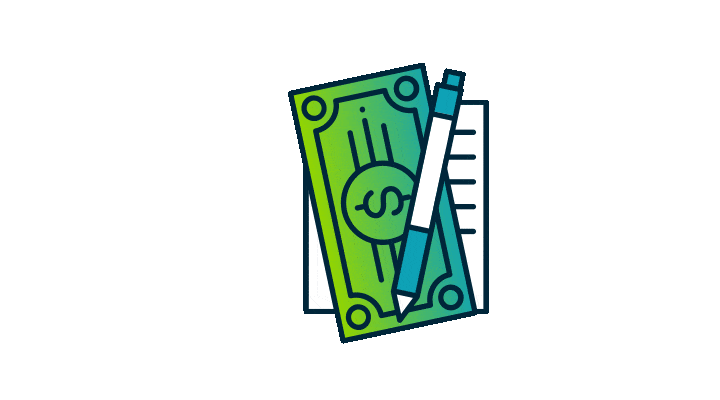 An Old Missouri Bank animation of a piece of paper with a dollar and a pen on top