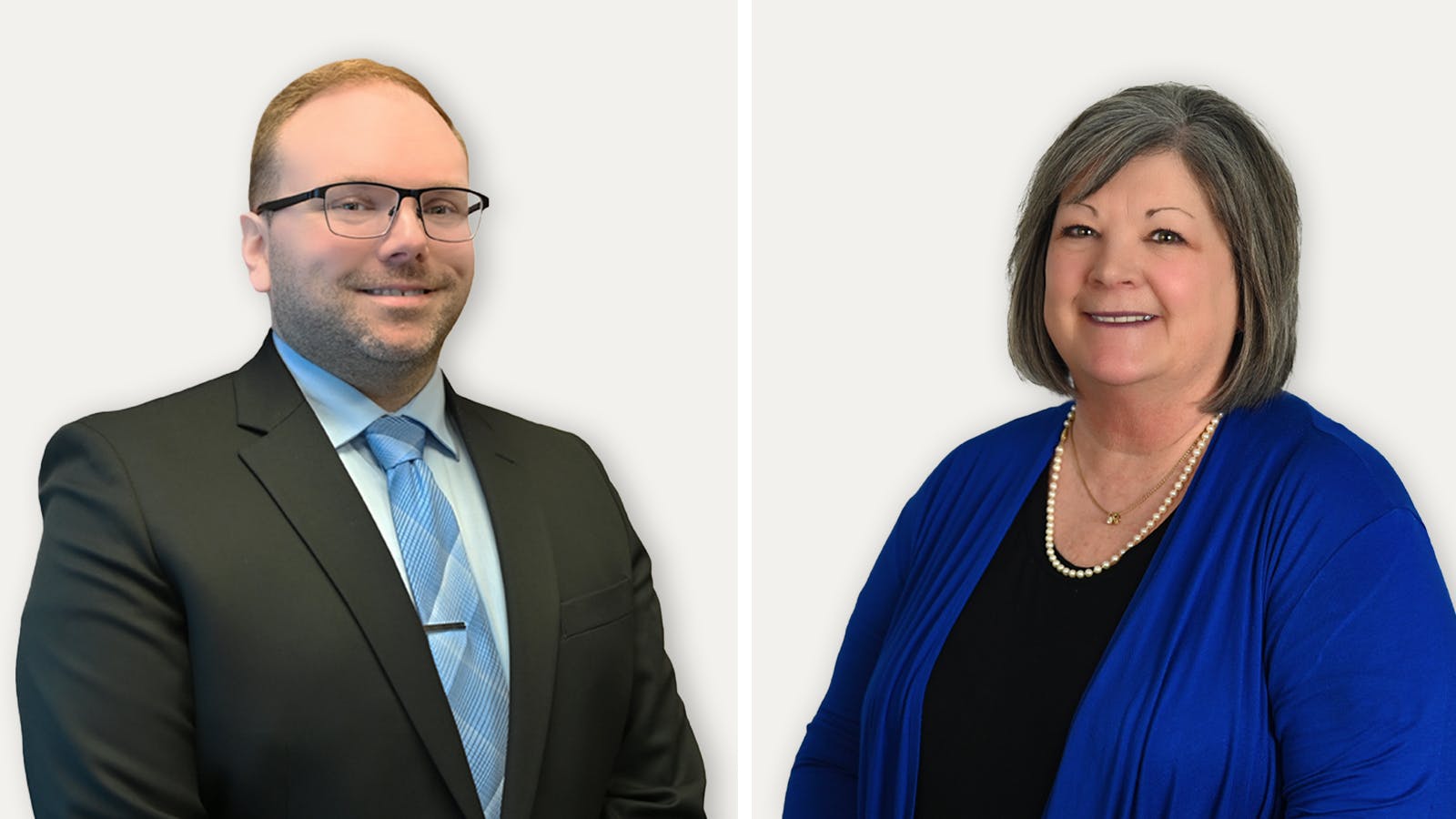 Cody Rogers on the left wearing a black sports coat and a light blue tie and Kay Shoptaw on the right wearing a blue cardigan over a black top
