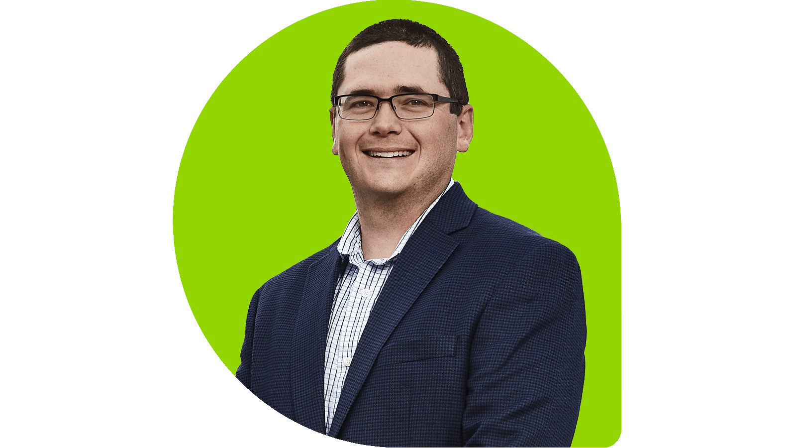 Forrest Thompson in a navy jacket and white shirt on a lime green drop background