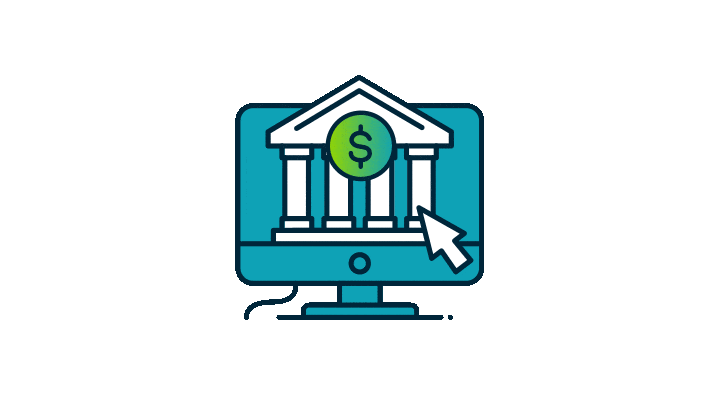 An Old Missouri Bank animation of a desktop computer behind a financial institution