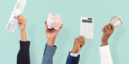 4 hands raised to the sky holding a receipt, piggy bank, calculator, and stack of cash