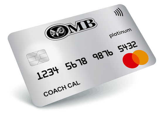 Platinum personal credit card with OMB logo and Mastercard logo