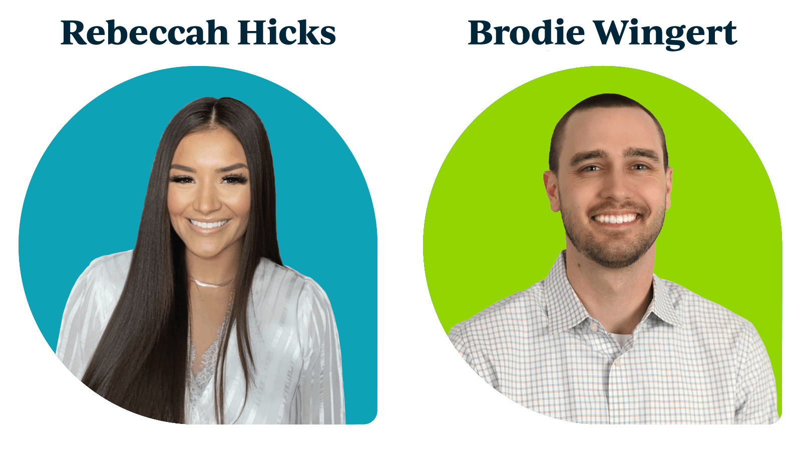 Rebeccah Hicks in a white blouse on a teal drop background and Brodie Wingert in a white shirt on a lime drop background