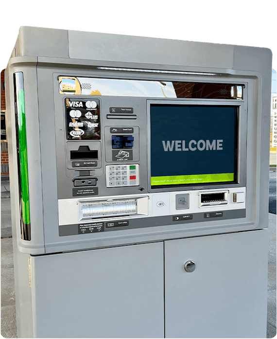 OMB Virtual Banking Machine with Welcome screen on the VBM display